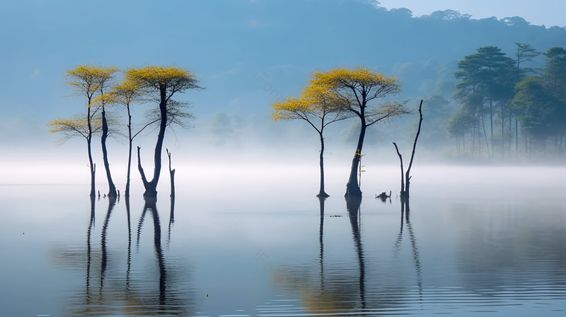 蓝色秋天枯树烟雾水中树风景背景,高清,摄影图,摄影图片,图片大全,摄影图免费下载